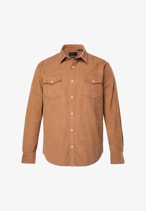 Braunes Kordsamt-Hemd mit Knopfleiste, spitzem Kragen, zwei Brusttaschen und langen Ärmeln mit Knopfmanschetten. Strukturierten Stoff.