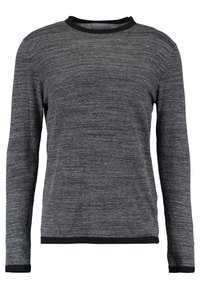 Mörkgrå långärmad tröja med strukturerad yta, med en ribbad svart rundhals och muddar, samt en rak nederkant.