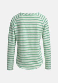 Green and white striped long-sleeve shirt with a crew neck, featuring a curved hem and raglan sleeves, made from soft, breathable fabric.