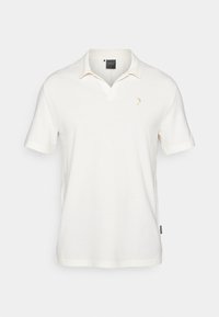 Kortærmet polo t-shirt i off-white bomuld med V-hals, der har et lille guldlogo på brystet og en ensfarvet tekstur.