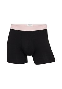 Sorte boxer shorts med en pink elastisk talje, der har et mærke indeni og en kontureret pouch-design for komfort. Glat bomuldsstof.
