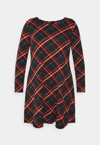 Abito nero con un motivo tartan rosso e bianco, maniche lunghe, scollatura rotonda e orlo svasato. Realizzato in tessuto morbido e elastico.