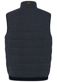 Ärmellose Weste aus dunkelblauem Fischgrätstoff mit Steppdesign, hohem Kragen und geripptem marineblauen Saum; keine sichtbaren Beschläge oder Akzente.