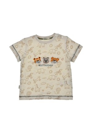 Maglietta crema per bambini piccoli con contorni di animali marroni, tre volti di animali ricamati e testo "Migliori Amici" sul davanti.