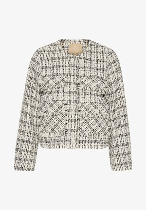 Baltas ir juodas tvido švarkas su languotu raštu, be apykaklės, su dviem priekinėmis kišenėmis su sušukuotais kraštais.