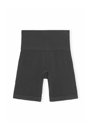 Ciemnoszare spodenki z szerokim, elastycznym pasem, gładką teksturą i dopasowanym krojem. Charakteryzują się krótkim krokiem i brakiem widocznych wzorów.