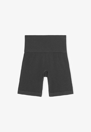 Tumši pelēkas šorti ar platumu elastīgu jostu, gludu tekstūru un pieguļojošu dizainu. Ir īss starāmēja garums un bez redzamiem rakstiem.