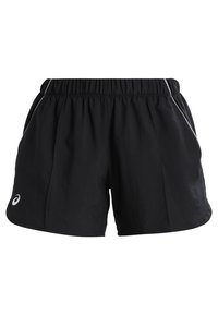 Shorts de course noirs avec une taille élastique, des poches latérales et des coutures blanches contrastées. Présente un logo sur le bas à gauche.