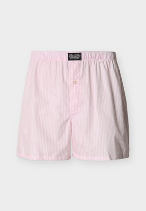 Lichtroze en wit gestreepte herenboxershorts met een elastische tailleband en gulp met knoop, Polo Ralph Lauren kwaliteitsnachtkledinglabel.