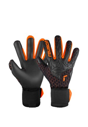Pair of black and orange Reusch sports gloves with textured grip and adjustable wrist straps shown palm and back views.