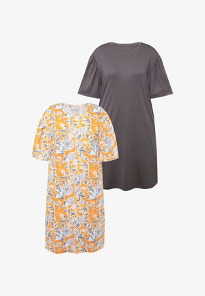 Dos vestidos cortos: uno gris con mangas abullonadas y el otro blanco con un patrón floral naranja. Ambos tienen un corte holgado y escote redondo.