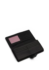 Black leather wallet with eight card slots, a clear ID window, and a textured pink zigzag pattern. Secure button closure on right.