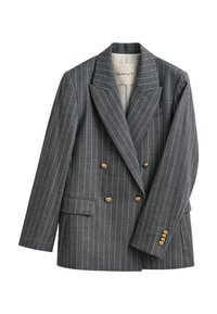 Blazer croisé gris à fines rayures avec boutons dorés et col à revers cranté, avec une étiquette à l'intérieur du col indiquant GANT.