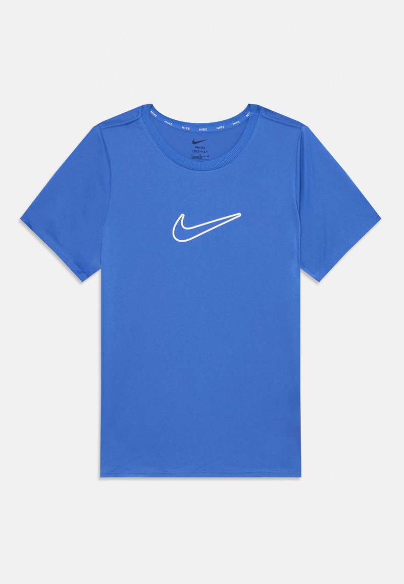 Blå bomull t-skjorte med korte ermer, rund hals, og en hvit Nike-logo på forsiden. Jevn tekstur og minimalistisk design.