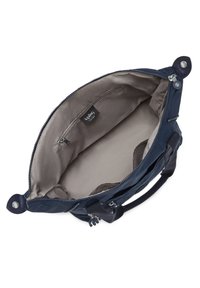 Marineblauwe stoffen handtas met een ritsluiting, voorzien van een binnenzak, beige voering en dubbele handvatten voor gemakkelijk dragen.