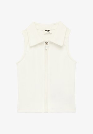 Gilet bianco senza maniche per bambini con cerniera frontale e ampio colletto, etichettato Koton Kids all'interno del colletto.
