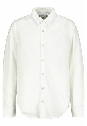 Camicia bianca con bottoni e maniche lunghe, realizzata in tessuto liscio. Presenta un colletto standard, una patta frontale con cinque bottoni e un orlo arrotondato.