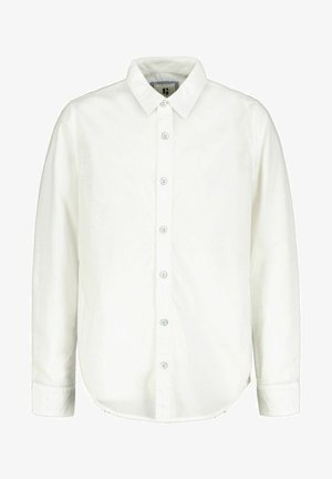Camisa blanca de botones con mangas largas, hecha de tela suave. Cuenta con cuello estándar, tapeta frontal con cinco botones y dobladillo redondeado.