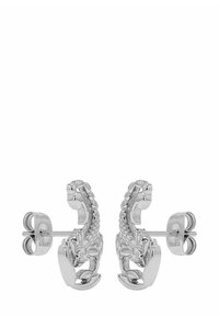 Pendientes de plata con forma de escorpiones, que presentan un detallado intrincado y un acabado pulido. Las sujeciones consisten en postes y respaldos tradicionales.