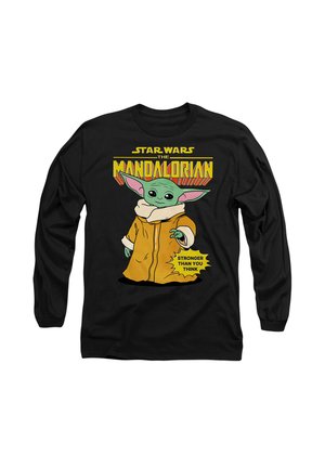 Black long-sleeve shirt featuring an illustration of a green character in a brown robe, with yellow and red text reading "Star Wars Mandalorian."