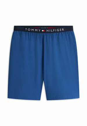 Bóxers azules para hombre con cintura negra que lleva el texto blanco "Tommy Hilfiger" y un logo en rojo, blanco y azul en el centro.