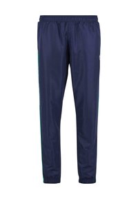 Pantaloni da jogging blu navy con vita e polsini elasticizzati. Presentano strisce laterali verdi a contrasto e un dettaglio con logo sul davanti. Texture liscia.