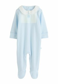 Lyseblå romper med lange ærmer, hvid krave, plissédetalje og et broderet elefantmotiv foran.