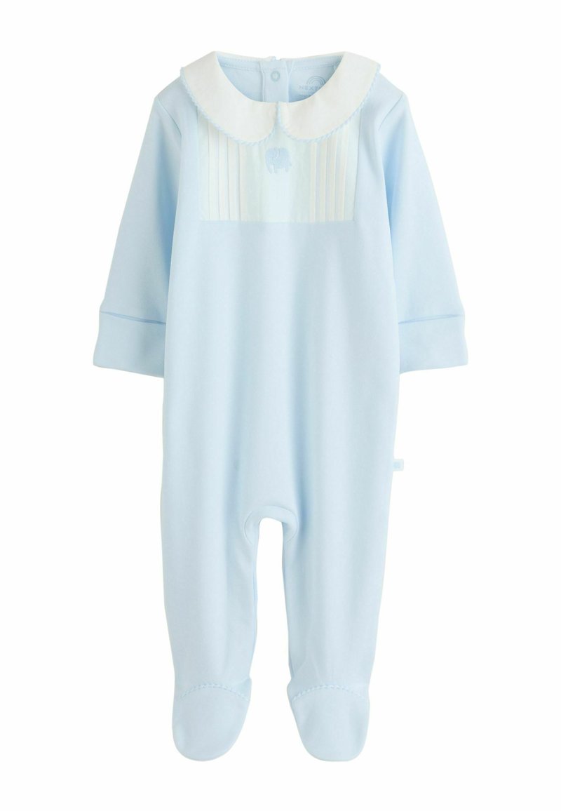 Helehall sinine jaladeni pikkade varrukatega kombekas, valge krae, volditud detailid ja ees tikitud elevandi motiiv.