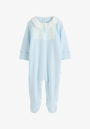 Lyseblå romper med lange ærmer, hvid krave, plissédetalje og et broderet elefantmotiv foran.