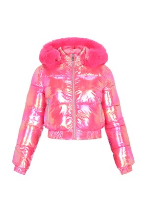 Fényes, rövidített pufi dzseki átmenetes rózsaszínben, műszőrme kapucnival, elülső cipzárral és oldalzsebekkel. Simán pufi textúra.