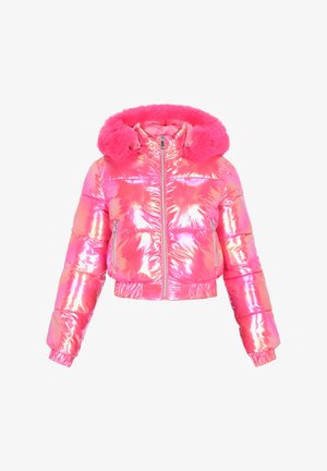 Glinsterende cropped pufferjack in een verloop van roze, voorzien van een capuchon met nepbont, een ritssluiting aan de voorkant en zijzakken met rits. Gladde, opgepofte textuur.