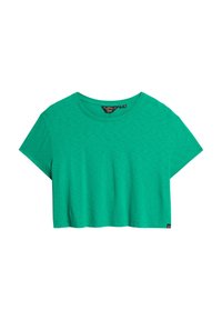 Kortærmet, cropped t-shirt i solid lys grøn, lavet af blødt, tekstureret stof med en rund halsudskæring. Har en lille label på kanten.