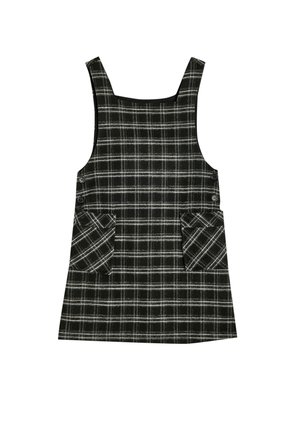 Karo-Kleid mit einem schwarz-weißen Karomuster, quadratischem Ausschnitt und zwei vorderen Taschen. Aus strukturiertem Stoff gefertigt. Verfügt über seitliche Knöpfe.