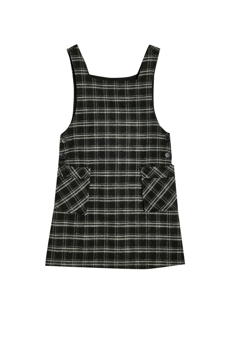 Vestido a cuadros con un patrón de cuadros en blanco y negro, escote cuadrado y dos bolsillos frontales. Hecho de tela texturizada. Presenta botones en los laterales.