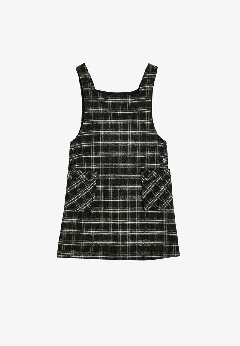 Karo-Kleid mit einem schwarz-weißen Karomuster, quadratischem Ausschnitt und zwei vorderen Taschen. Aus strukturiertem Stoff gefertigt. Verfügt über seitliche Knöpfe.