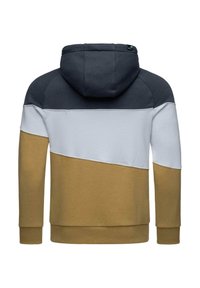 Felpa con cappuccio caratterizzata da un design a blocchi di colore in navy, bianco e senape. Realizzata in materiale morbido con polsini e orlo a coste.