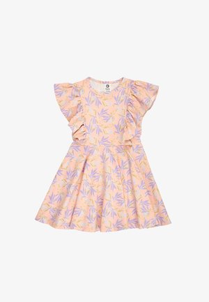 Růžové dětské šaty s fialovým a žlutým květinovým vzorem, volánkovými krátkými rukávy a rozšířenou sukní.