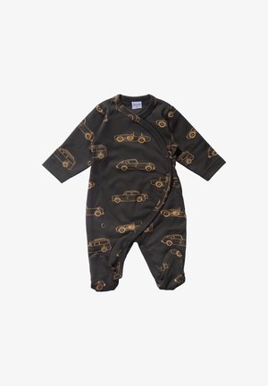Zwarte babyromper met lange mouwen en voetjes, versierd met beige vintage auto- en racewagenprints, en drukknoopsluitingen aan de voorkant.