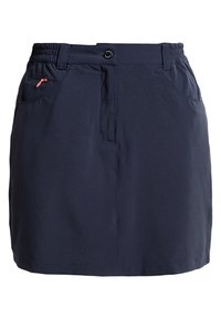 Marinblå kjol av lättviktsmaterial med elastisk midja, framfickor med dragkedja och en platt framsida.