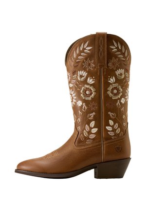 Brauner Leder-Cowboystiefel mit Blumenstickerei in Pink, Beige und Weiß. Verfügt über eine spitze Zehenpartie und einen niedrigen Blockabsatz.