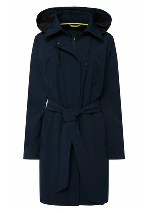 Imperméable bleu marine avec une capuche amovible, des manches longues, une fermeture éclair à l'avant, des cordons de serrage ajustables et une taille ceinturée. Tissu lisse et résistant à l'eau.