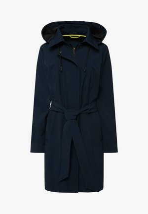 Dunkelblauer Regenmantel mit abnehmbarem Kapuzenrand, langen Ärmeln, Frontreißverschluss, verstellbaren Schnürzügen und tailliertem Gürtel. Glattes, wasserabweisendes Material.