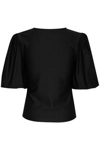Svart kortermet bluse med rund hals og voluminøse pufferm, laget av glatt stoff med en subtil tekstur.