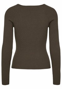 Brązowy, prążkowany długi rękaw bluzka z okrągłym dekoltem i dopasowanym krojem, prezentująca teksturowany wzór dzianiny.