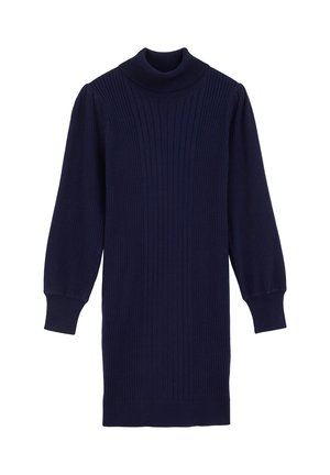 Marineblaues geripptes Strickkleid mit hohem Stehkragen, langen Puffärmeln und engen Bündchen, das vertikale Linien im gesamten Stoff aufweist.