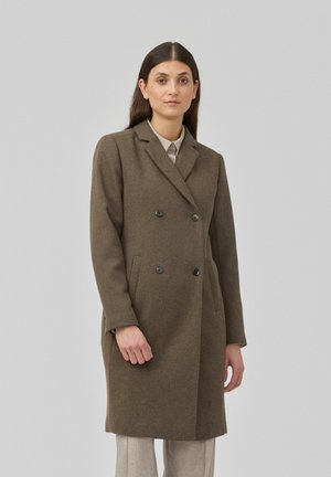 Brun, dobbeltbrystet uldfrakke med sorte knapper, sidelommer og slagkrave, med en lige silhuet og glat tekstur.
