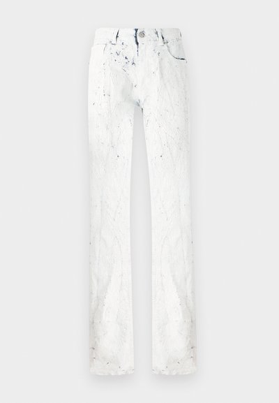 White jeans with a textured finish, featuring blue splatters, a straight-leg cut, front pockets, and a belt looped waistband.