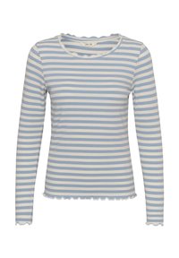 Langærmet top med horisontale lyseblå og hvide striber, ribbet tekstur samt bølget halsudskæring og kant.