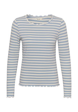 Haut à manches longues avec rayures horizontales bleu clair et blanches, texture côtelée, avec un col et un ourlet à bords festonnés.