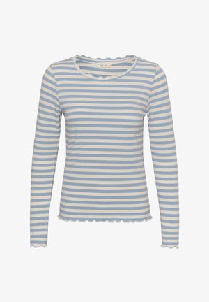 Pikad varrukad, millel on horisontaalsed helesinised ja valged triibud, sooniline tekstuur ning spiraalkujuline kaelus ja alumine äär.